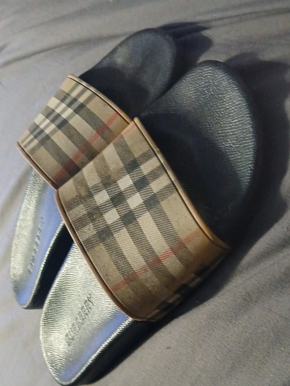 Burberry Black Slides with Beige Check Strap